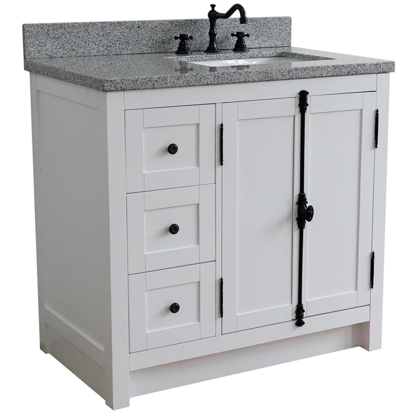 37" Single vanity in Glacier Ash finish with Gray granite top and rectangle sink Right doors/Right sink
