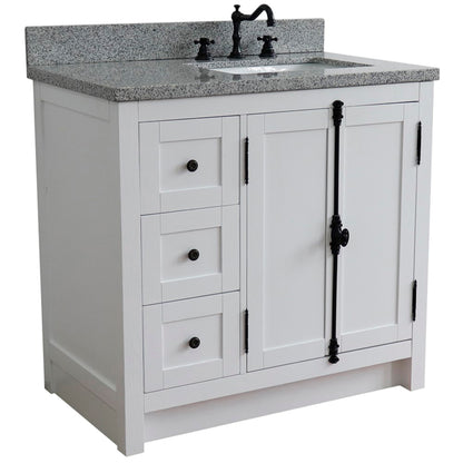 37" Single vanity in Glacier Ash finish with Gray granite top and rectangle sink Right doors/Right sink