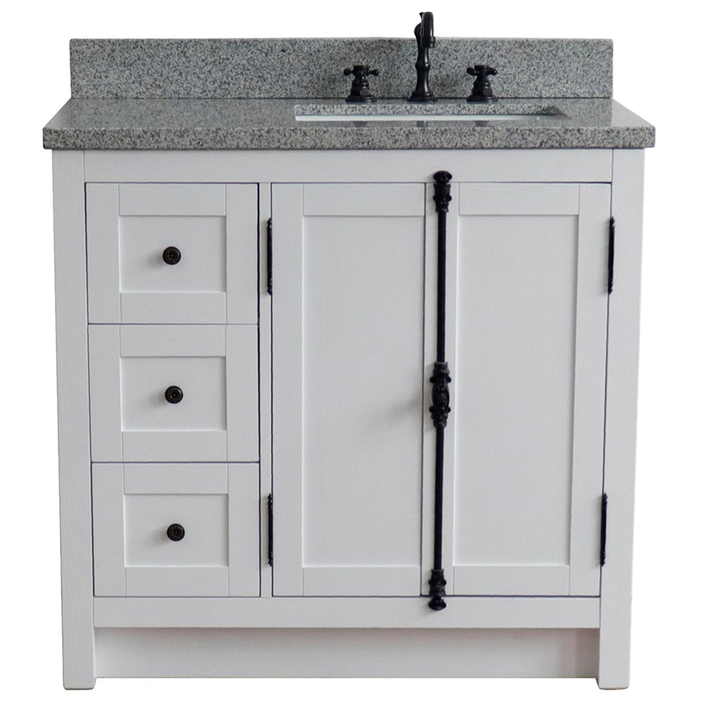 37" Single vanity in Glacier Ash finish with Gray granite top and rectangle sink Right doors/Right sink