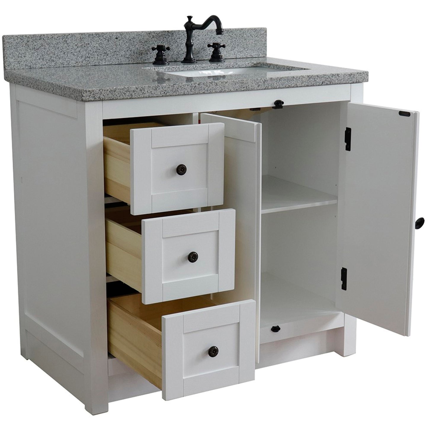 37" Single vanity in Glacier Ash finish with Gray granite top and rectangle sink Right doors/Right sink