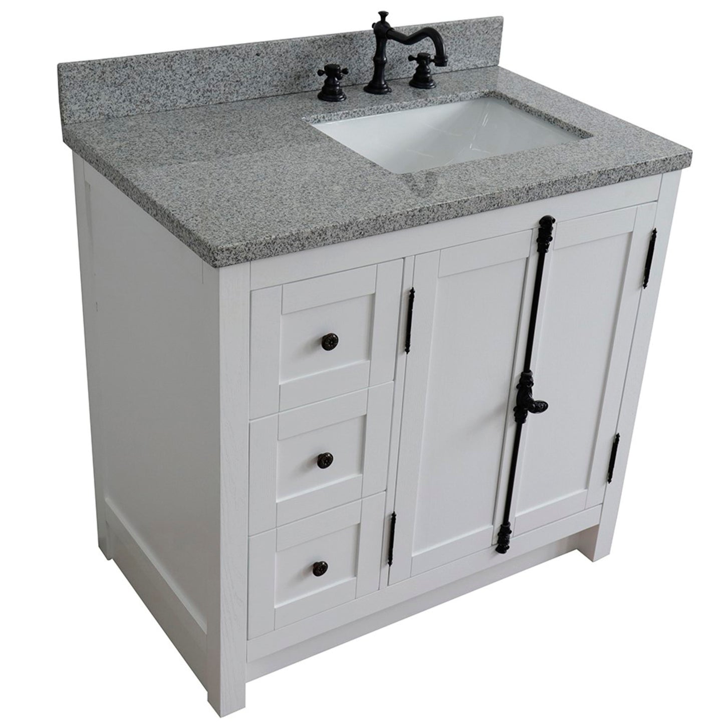37" Single vanity in Glacier Ash finish with Gray granite top and rectangle sink Right doors/Right sink
