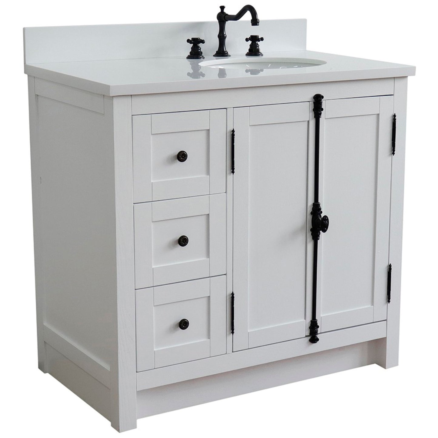 37" Single vanity in Glacier Ash finish with White engineered stone top and oval sink Right doors/Right sink