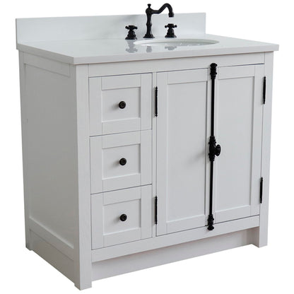 37" Single vanity in Glacier Ash finish with White engineered stone top and oval sink Right doors/Right sink
