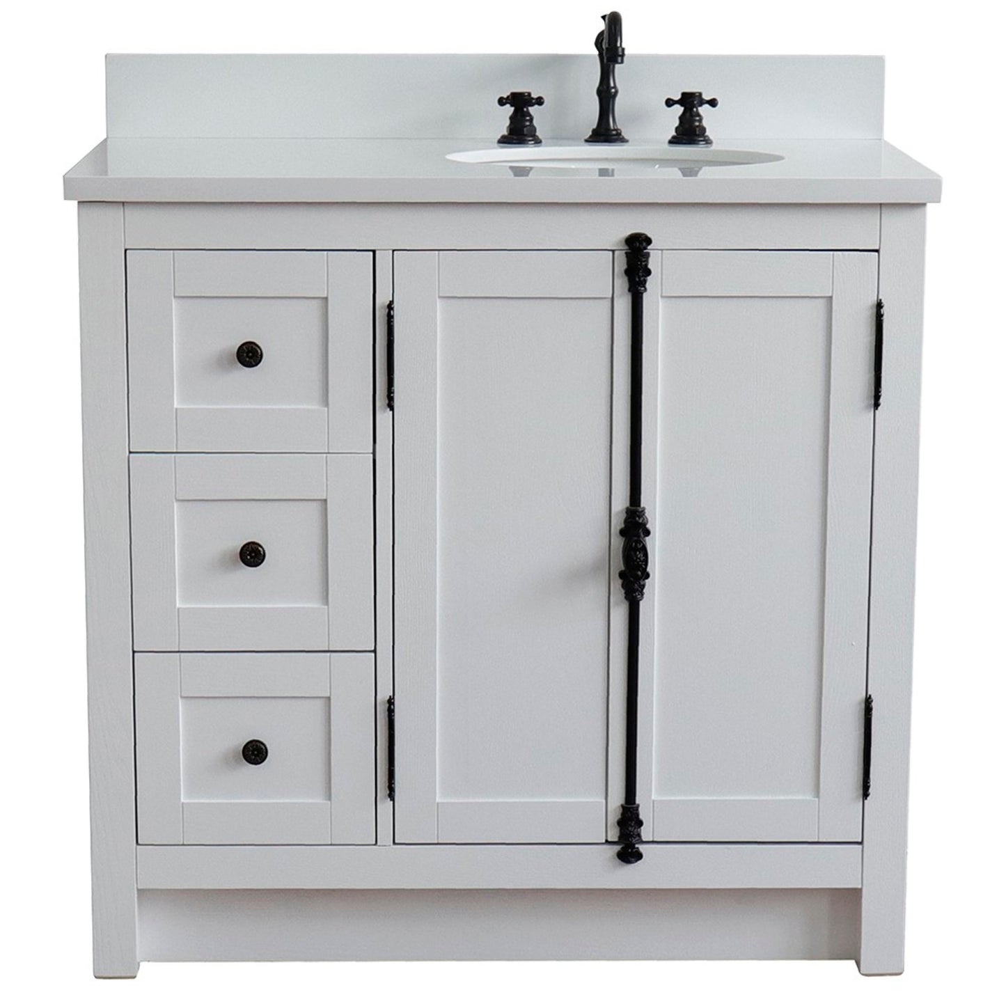 37" Single vanity in Glacier Ash finish with White engineered stone top and oval sink Right doors/Right sink