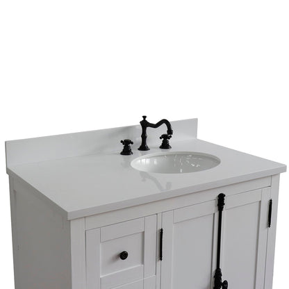37" Single vanity in Glacier Ash finish with White engineered stone top and oval sink Right doors/Right sink