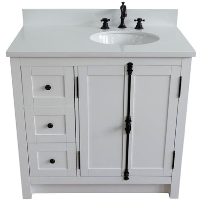 37" Single vanity in Glacier Ash finish with White engineered stone top and oval sink Right doors/Right sink