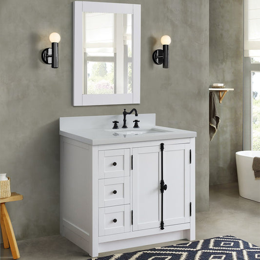 37" Single vanity in Glacier Ash finish with White engineered stone top and rectangle sink Right doors/Right sink