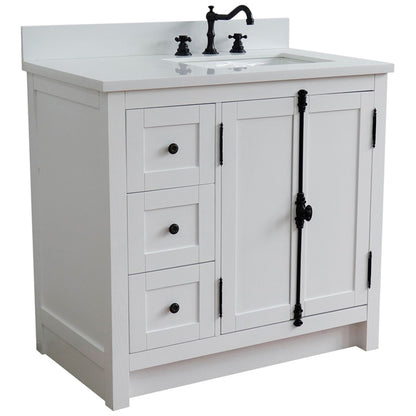 37" Single vanity in Glacier Ash finish with White engineered stone top and rectangle sink Right doors/Right sink
