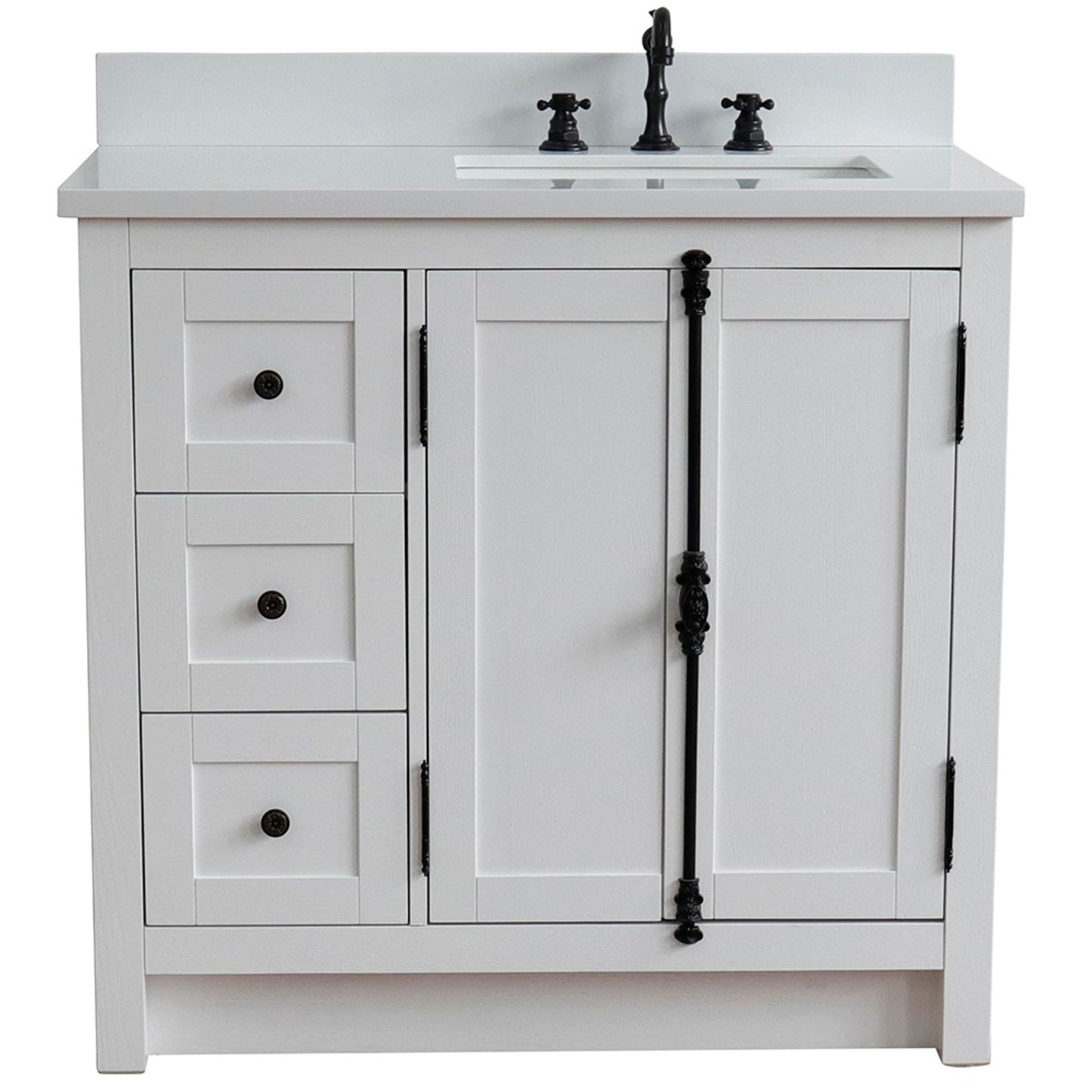 37" Single vanity in Glacier Ash finish with White engineered stone top and rectangle sink Right doors/Right sink