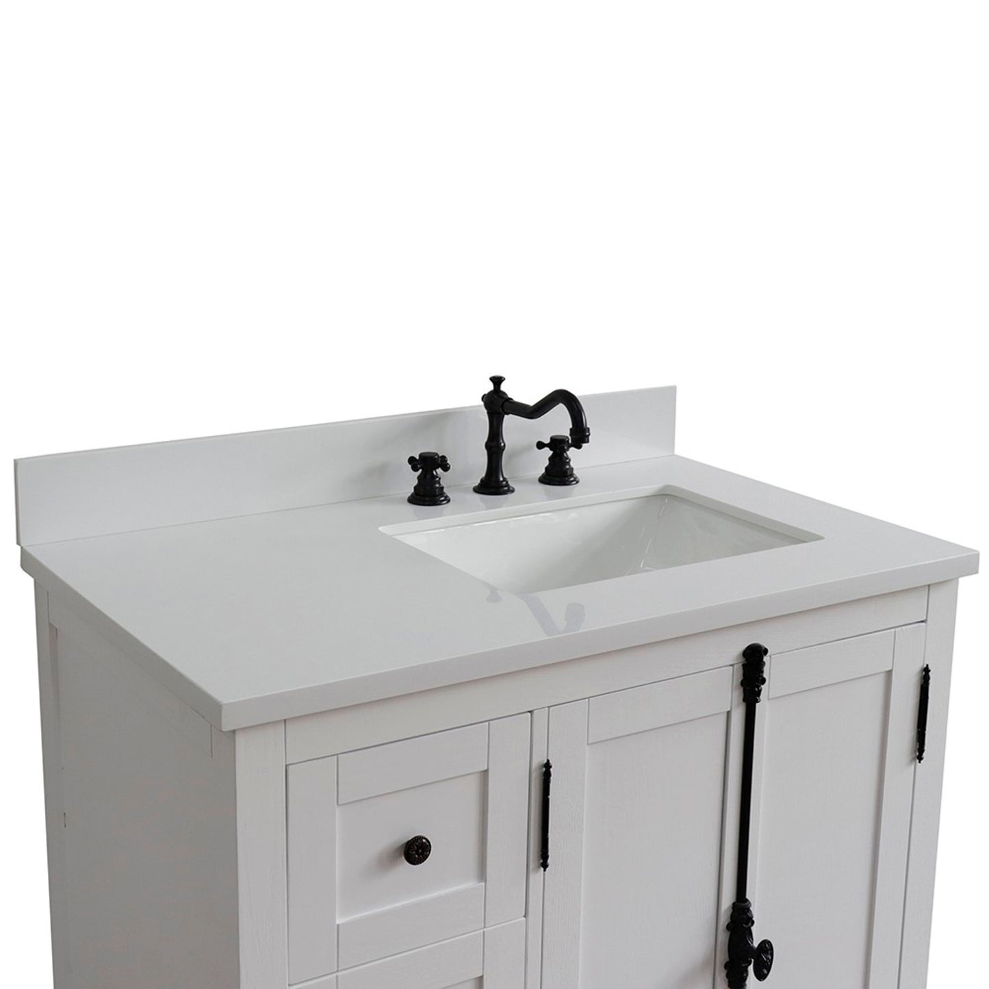 37" Single vanity in Glacier Ash finish with White engineered stone top and rectangle sink Right doors/Right sink