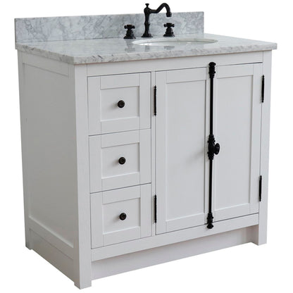 37" Single vanity in Glacier Ash finish with White Carrara top and oval sink Right doors/Right sink