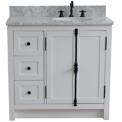 37" Single vanity in Glacier Ash finish with White Carrara top and oval sink Right doors/Right sink