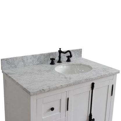 37" Single vanity in Glacier Ash finish with White Carrara top and oval sink Right doors/Right sink