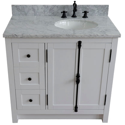 37" Single vanity in Glacier Ash finish with White Carrara top and oval sink Right doors/Right sink