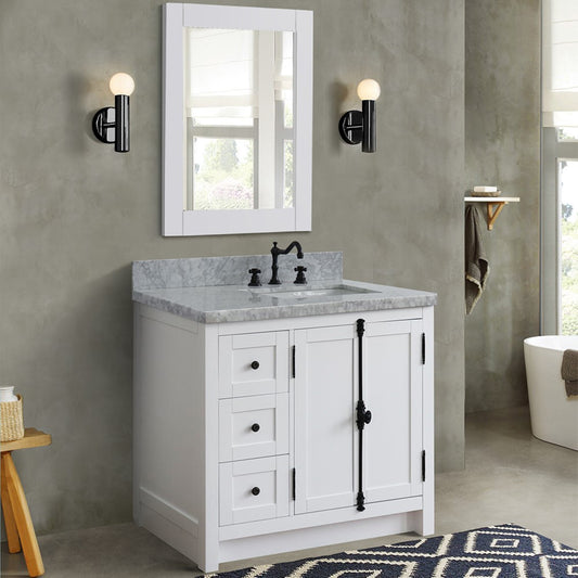 37" Single vanity in Glacier Ash finish with White Carrara top and rectangle sink Right doors/Right sink