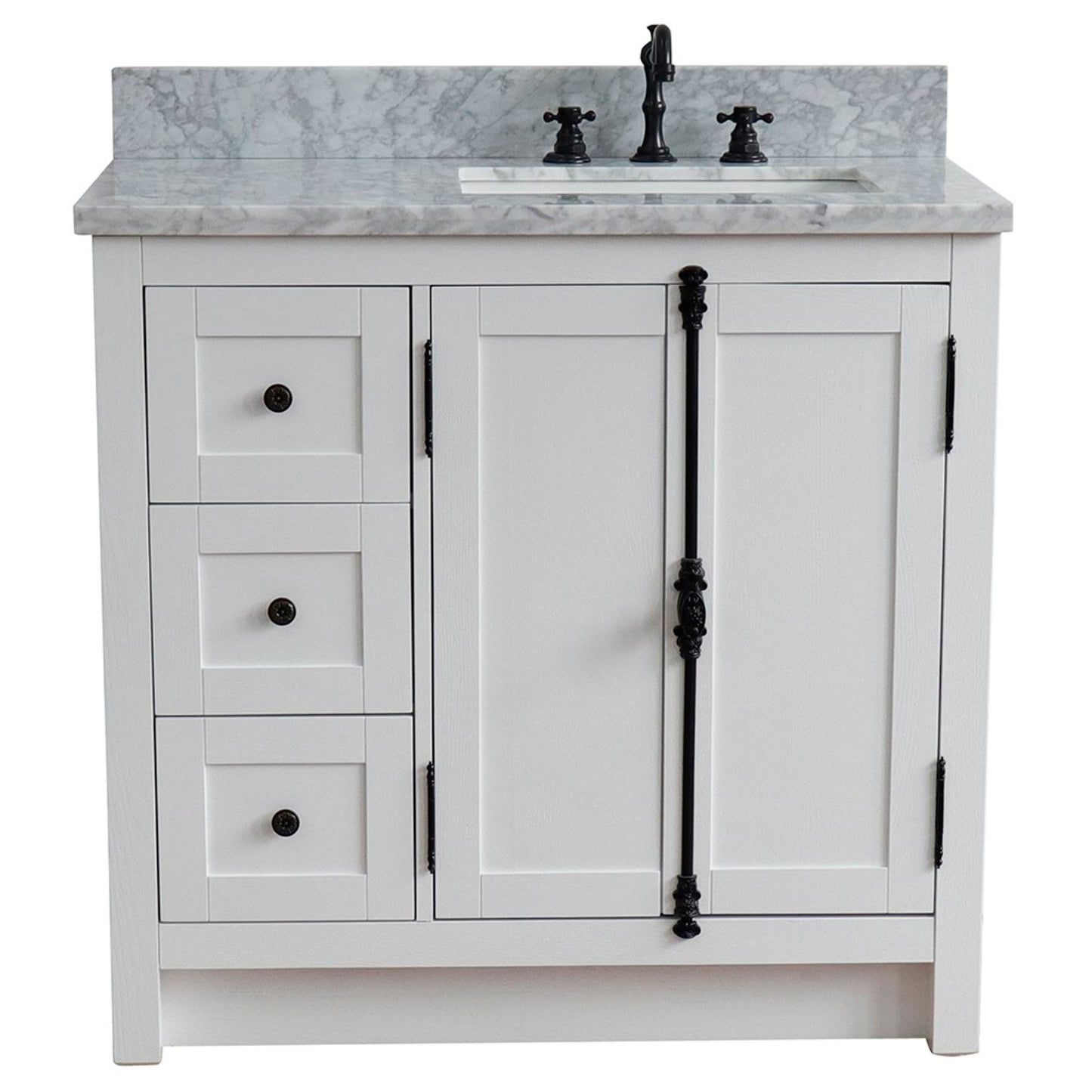 37" Single vanity in Glacier Ash finish with White Carrara top and rectangle sink Right doors/Right sink