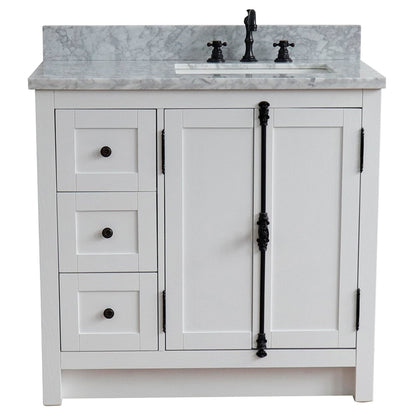 37" Single vanity in Glacier Ash finish with White Carrara top and rectangle sink Right doors/Right sink