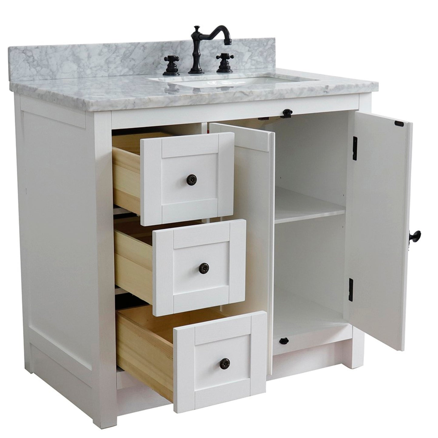 37" Single vanity in Glacier Ash finish with White Carrara top and rectangle sink Right doors/Right sink