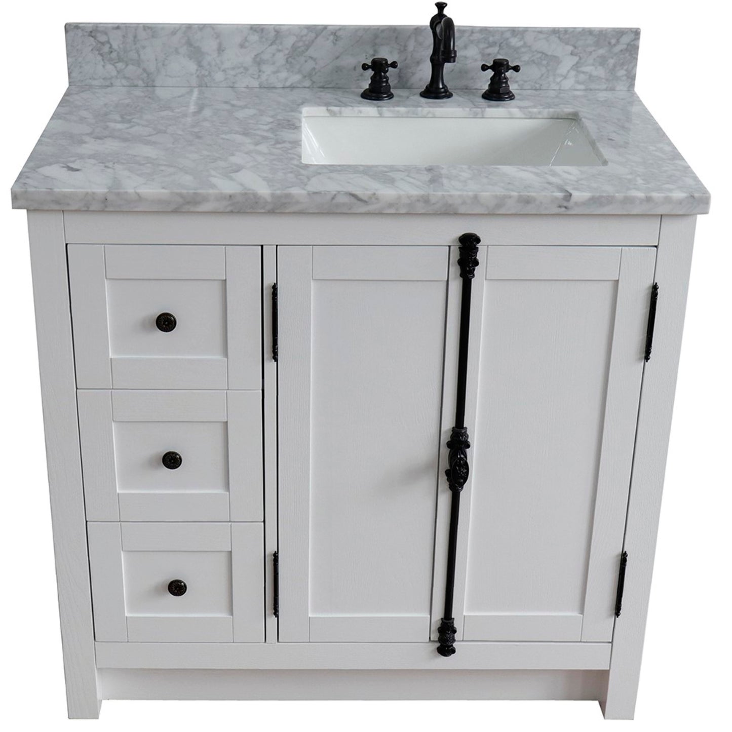 37" Single vanity in Glacier Ash finish with White Carrara top and rectangle sink Right doors/Right sink
