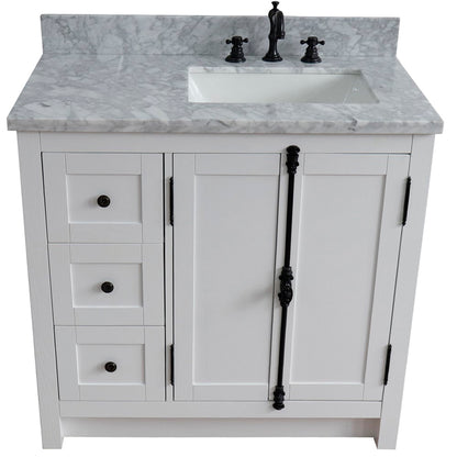 37" Single vanity in Glacier Ash finish with White Carrara top and rectangle sink Right doors/Right sink