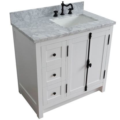 37" Single vanity in Glacier Ash finish with White Carrara top and rectangle sink Right doors/Right sink
