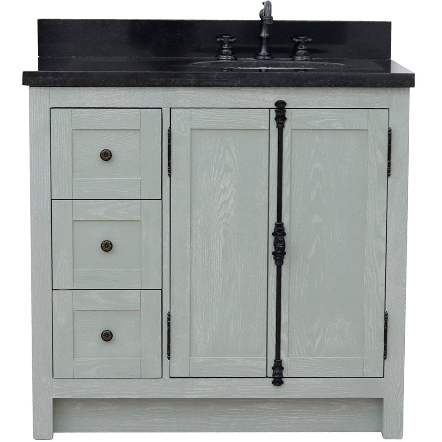 37" Single vanity in Gray Ash finish with Black galaxy top and oval sink Right doors/Right sink
