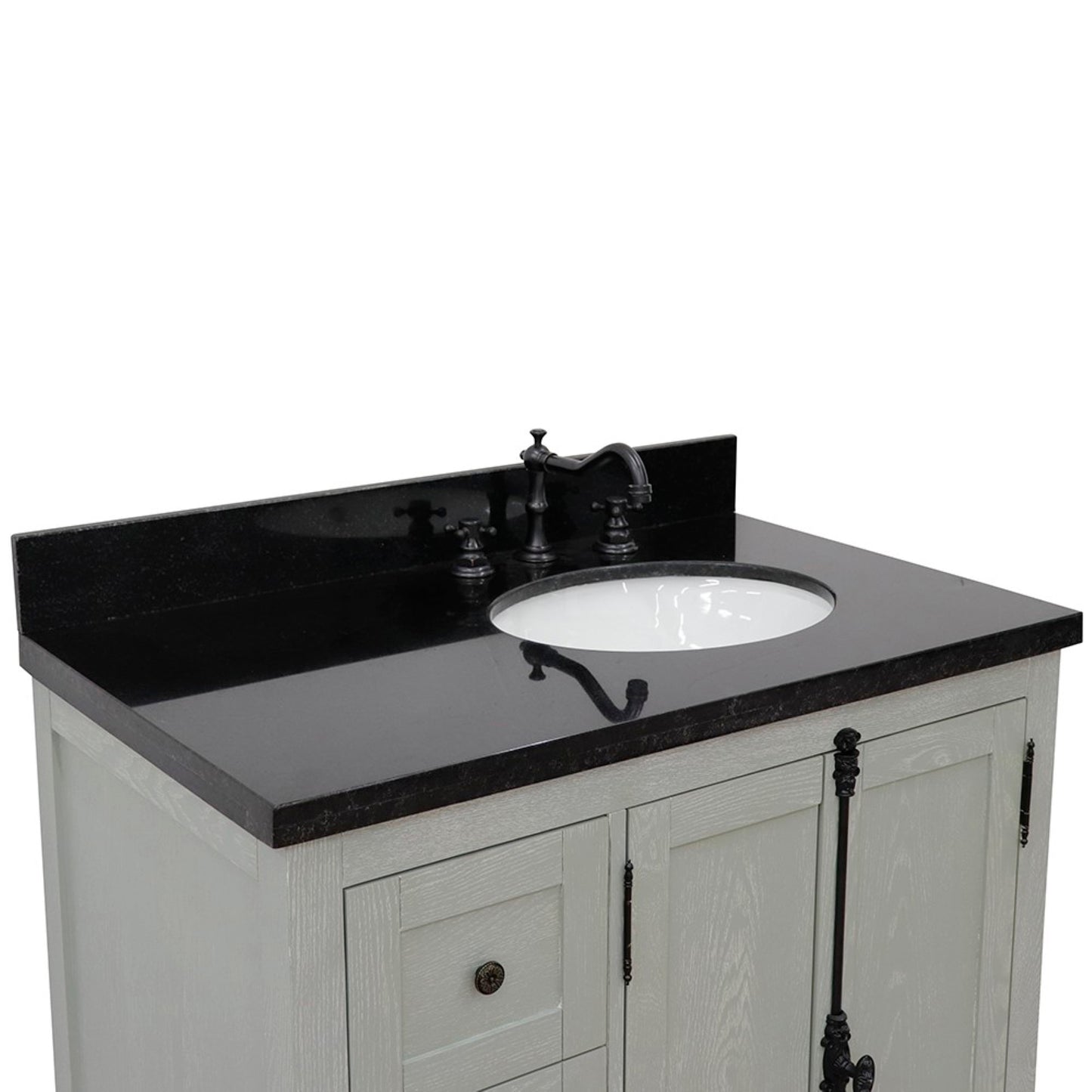 37" Single vanity in Gray Ash finish with Black galaxy top and oval sink Right doors/Right sink