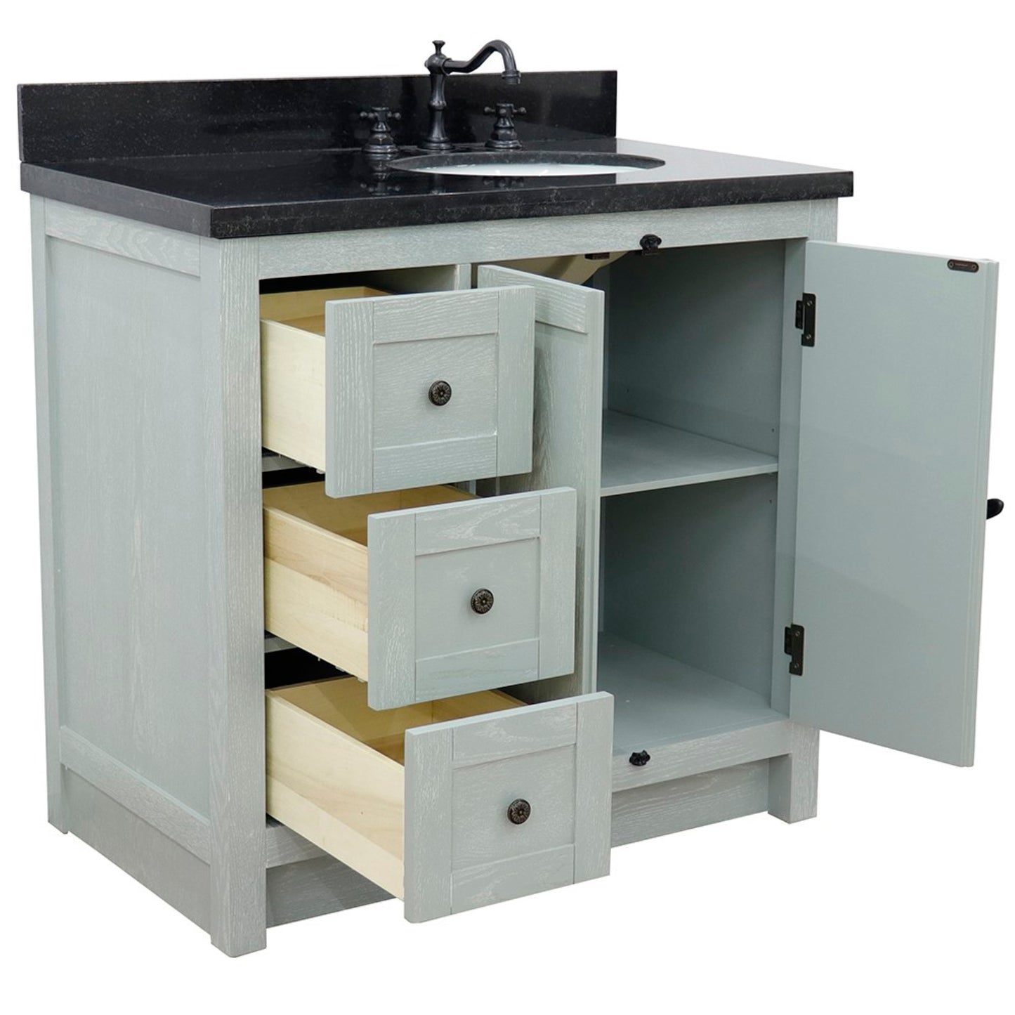 37" Single vanity in Gray Ash finish with Black galaxy top and oval sink Right doors/Right sink