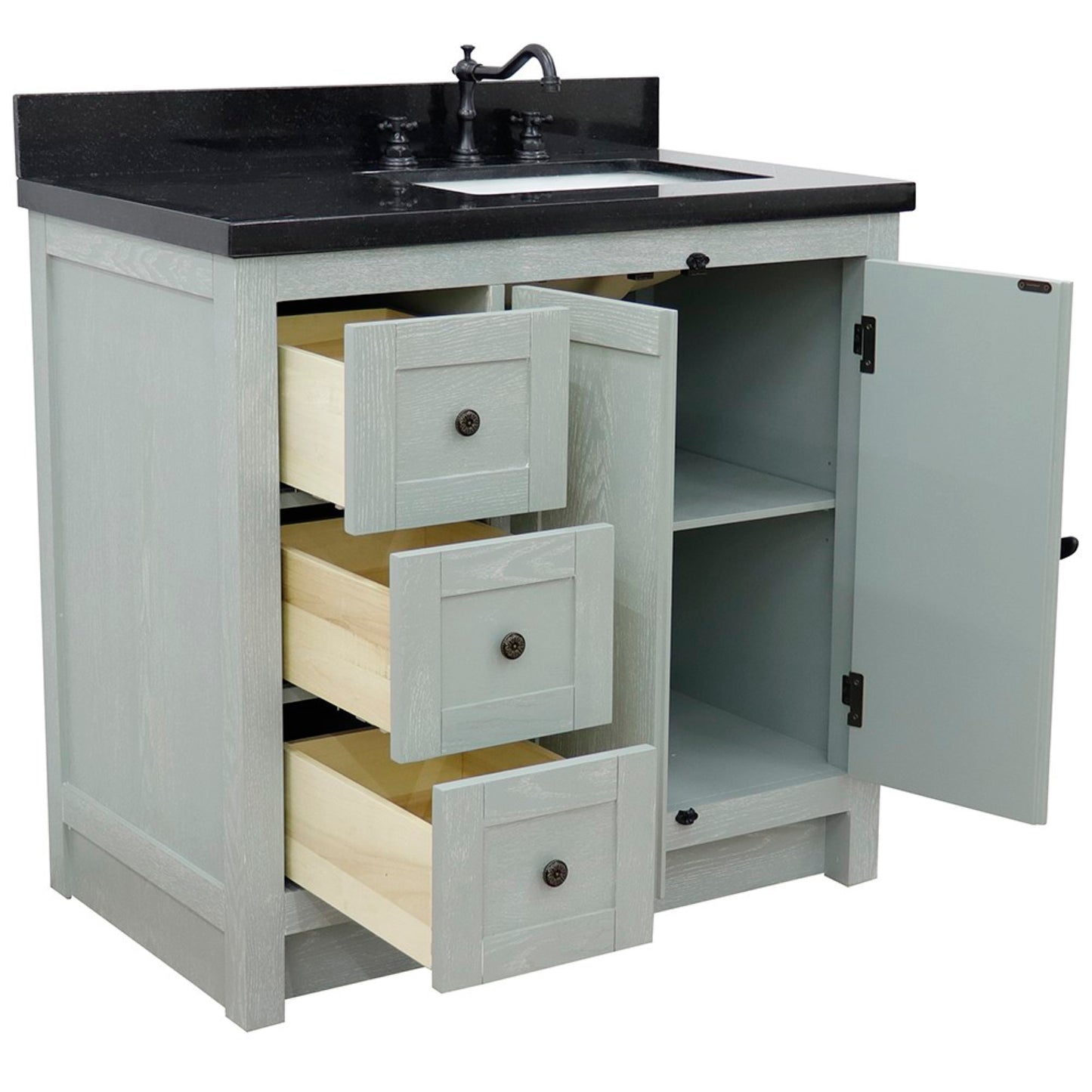 37" Single vanity in Gray Ash finish with Black galaxy top and rectangle sink Right doors/Right sink