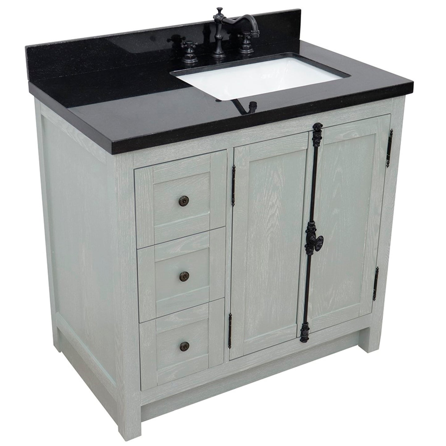 37" Single vanity in Gray Ash finish with Black galaxy top and rectangle sink Right doors/Right sink