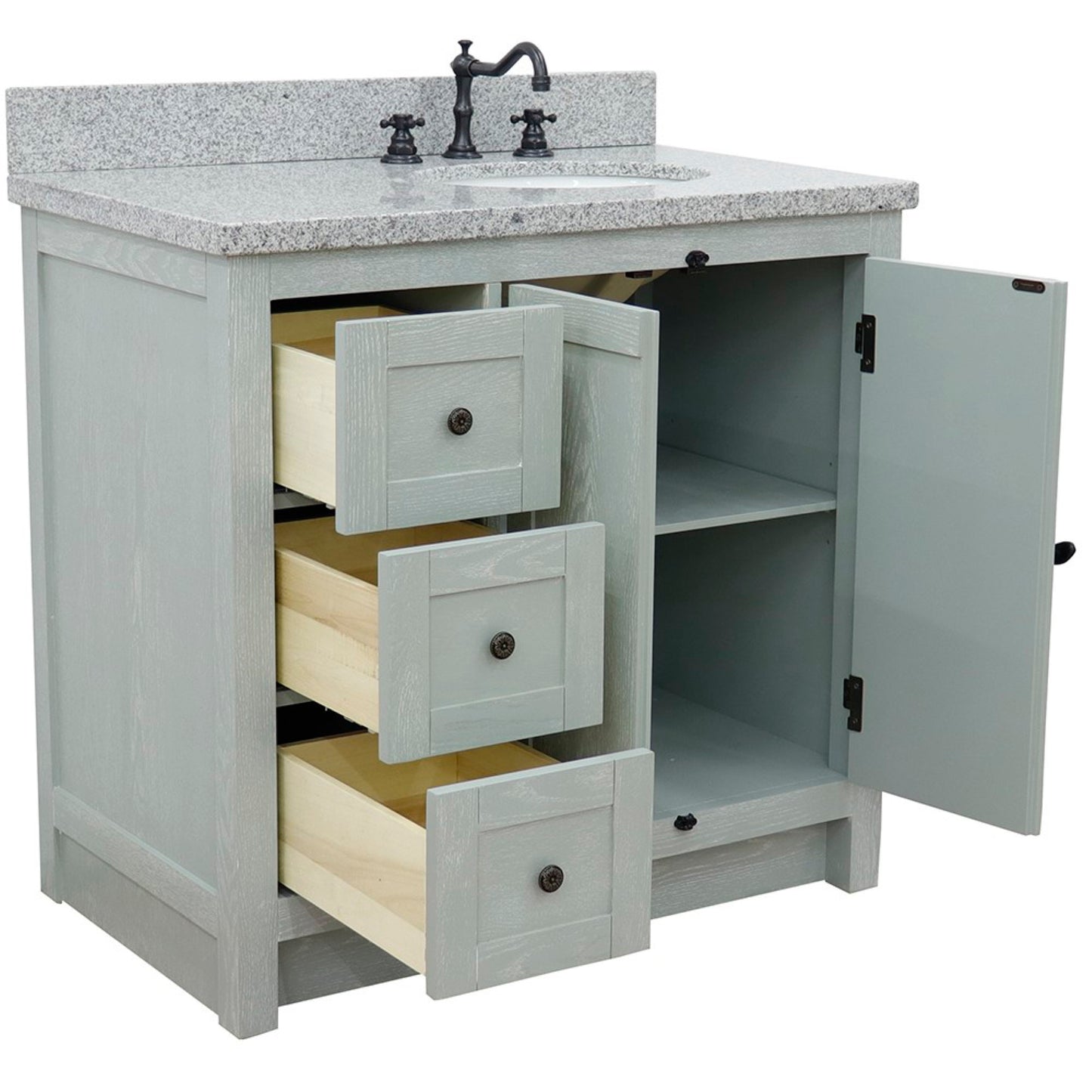 37" Single vanity in Gray Ash finish with Gray granite top and oval sink Right doors/Right sink