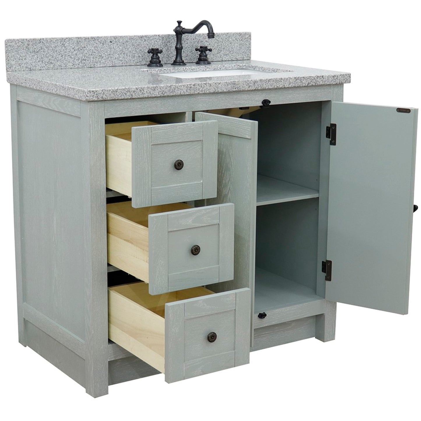 37" Single vanity in Gray Ash finish with Gray granite top and rectangle sink Right doors/Right sink
