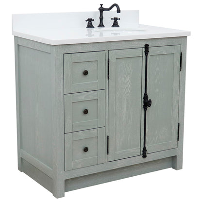 37" Single vanity in Gray Ash finish with White engineered stone top and oval sink Right doors/Right sink