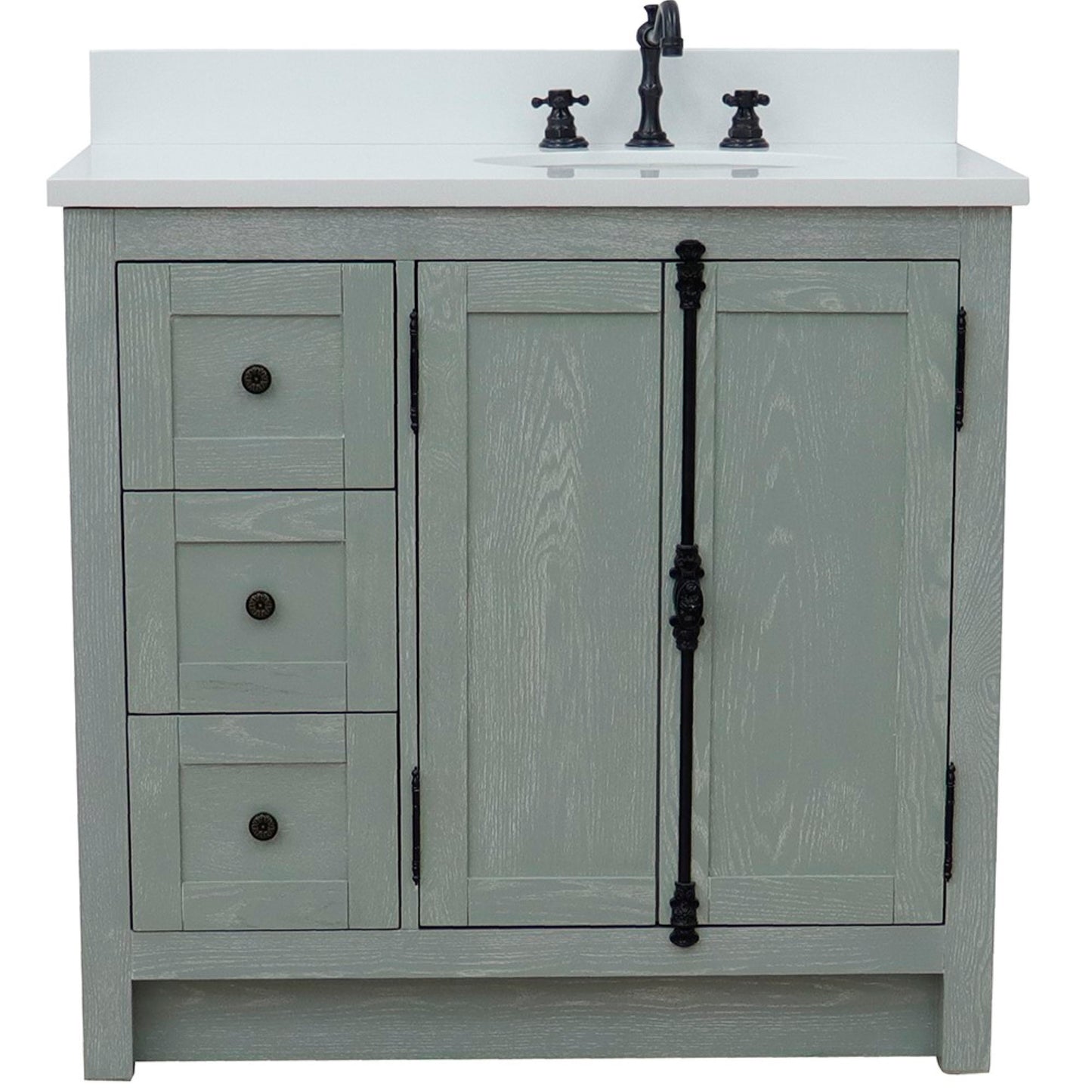 37" Single vanity in Gray Ash finish with White engineered stone top and oval sink Right doors/Right sink
