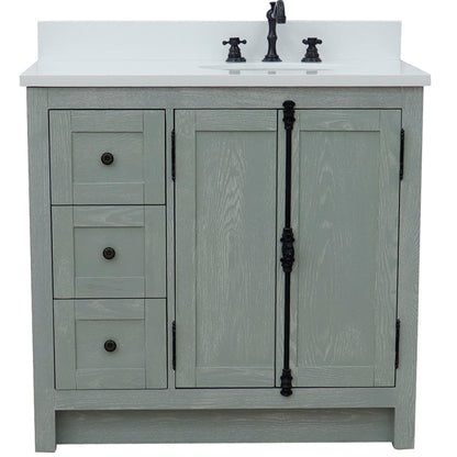 37" Single vanity in Gray Ash finish with White engineered stone top and oval sink Right doors/Right sink