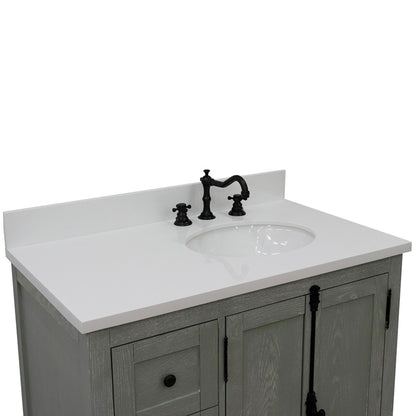 37" Single vanity in Gray Ash finish with White engineered stone top and oval sink Right doors/Right sink