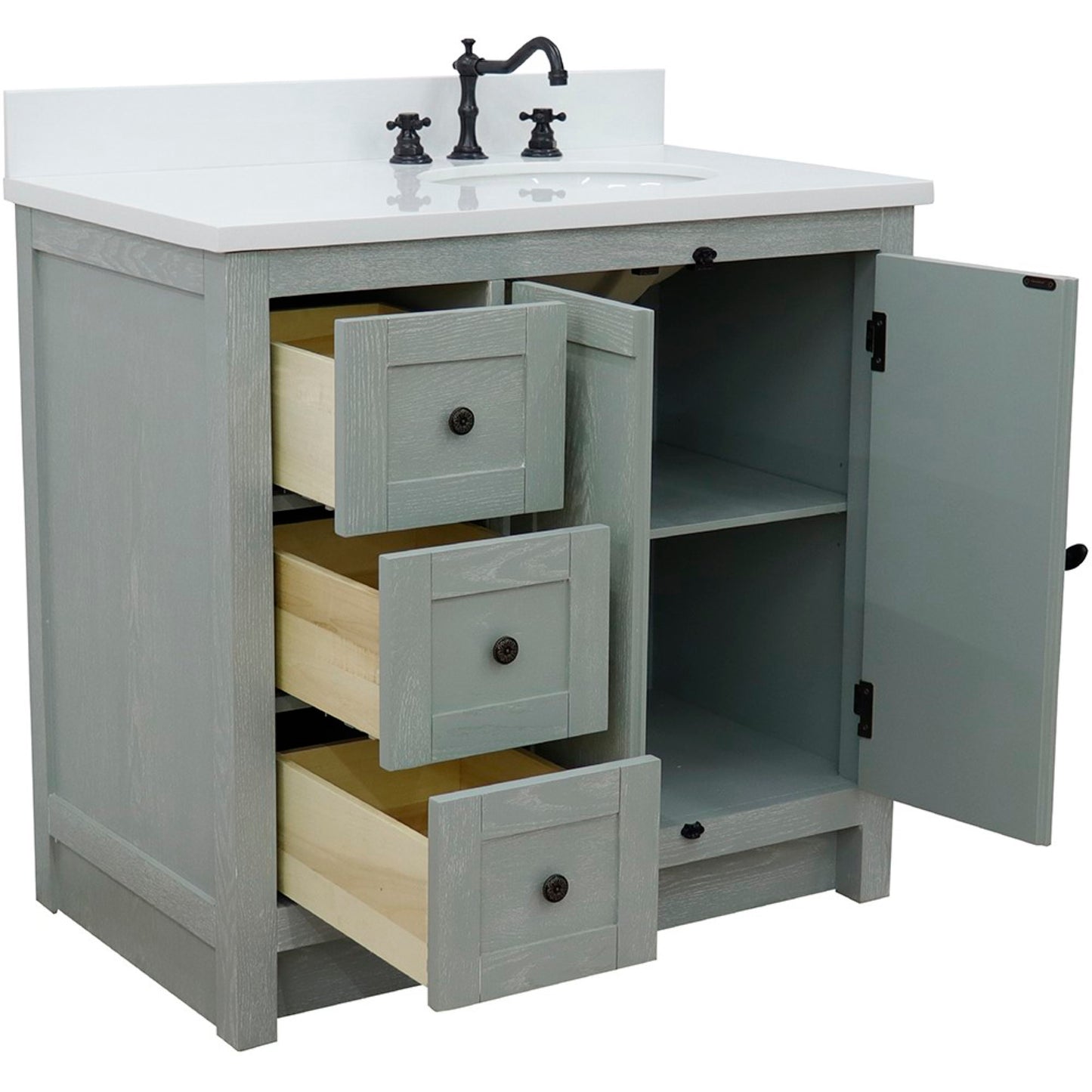 37" Single vanity in Gray Ash finish with White engineered stone top and oval sink Right doors/Right sink