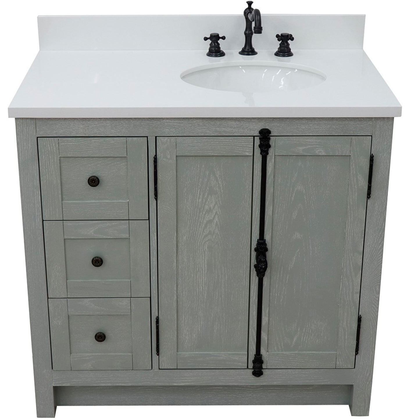 37" Single vanity in Gray Ash finish with White engineered stone top and oval sink Right doors/Right sink