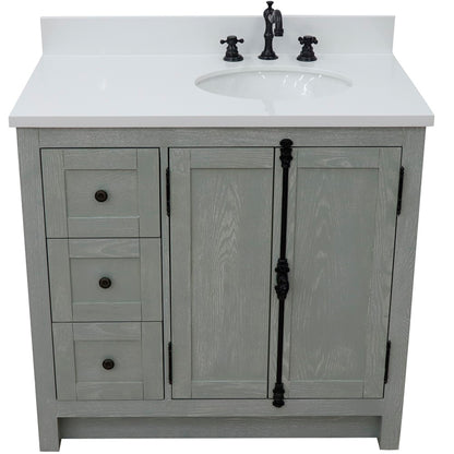 37" Single vanity in Gray Ash finish with White engineered stone top and oval sink Right doors/Right sink