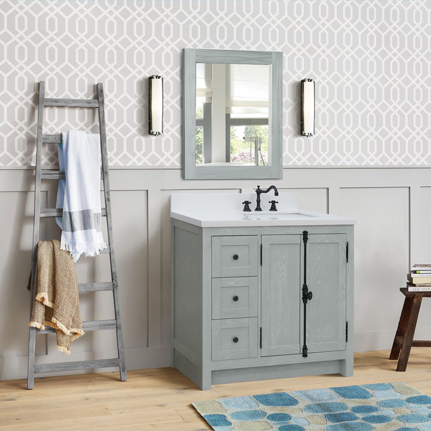37" Single vanity in Gray Ash finish with White engineered stone top and rectangle sink Right doors/Right sink