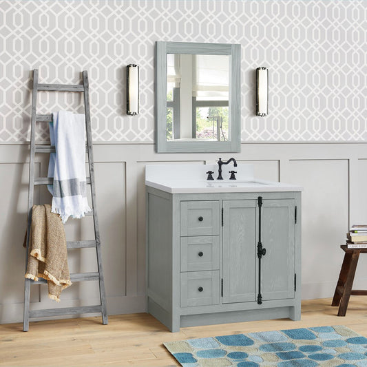 37" Single vanity in Gray Ash finish with White engineered stone top and rectangle sink Right doors/Right sink