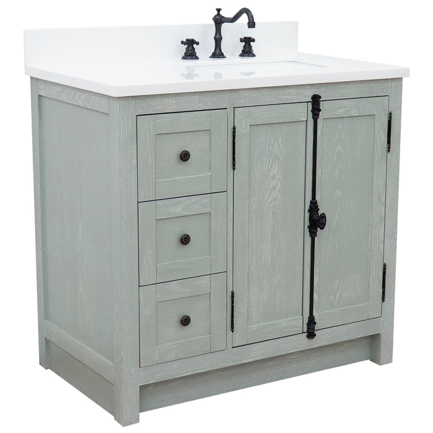 37" Single vanity in Gray Ash finish with White engineered stone top and rectangle sink Right doors/Right sink