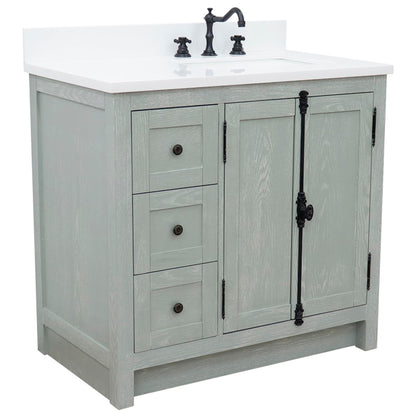 37" Single vanity in Gray Ash finish with White engineered stone top and rectangle sink Right doors/Right sink