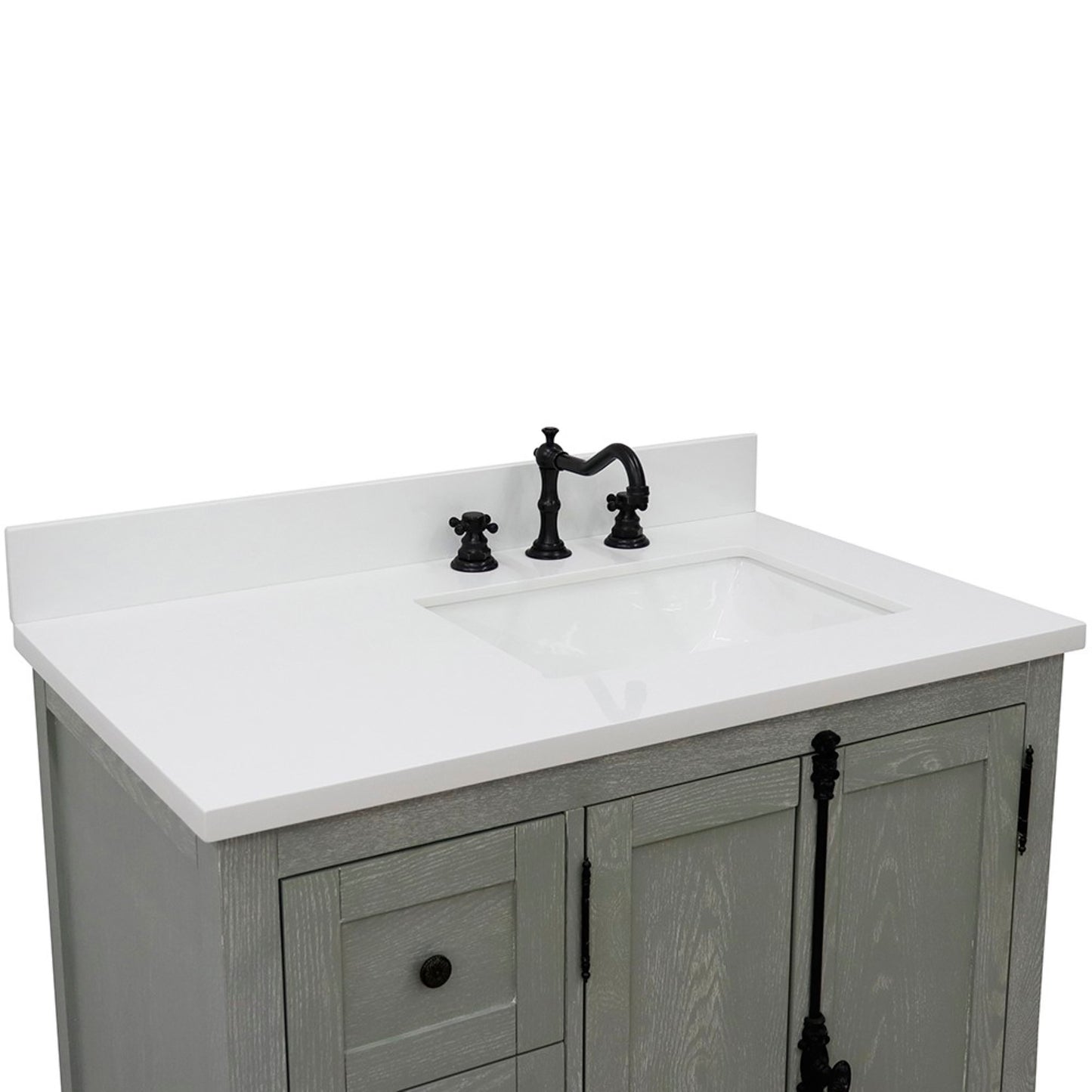 37" Single vanity in Gray Ash finish with White engineered stone top and rectangle sink Right doors/Right sink