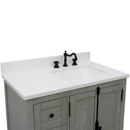 37" Single vanity in Gray Ash finish with White engineered stone top and rectangle sink Right doors/Right sink
