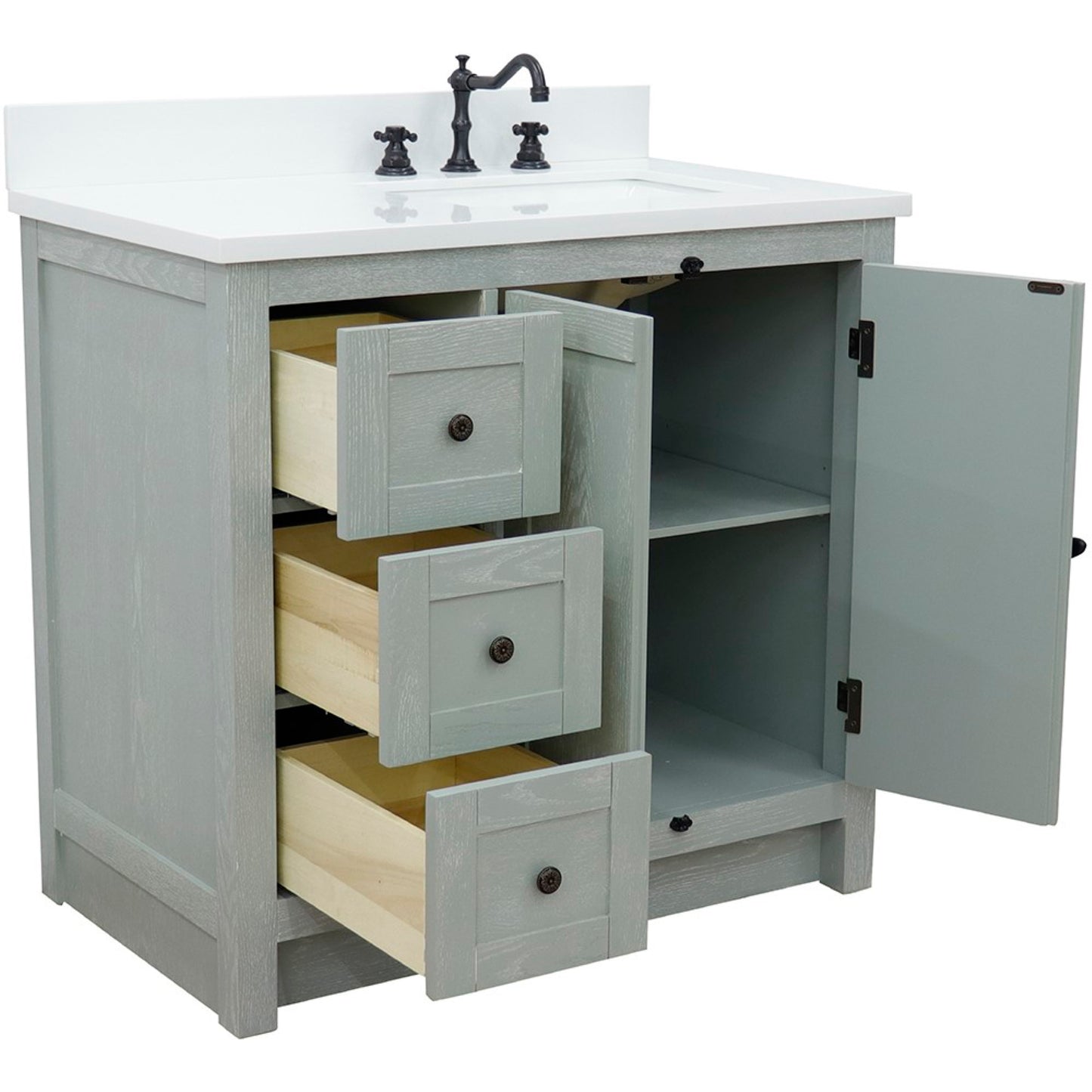 37" Single vanity in Gray Ash finish with White engineered stone top and rectangle sink Right doors/Right sink