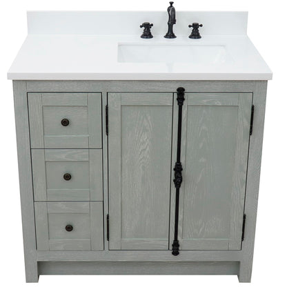 37" Single vanity in Gray Ash finish with White engineered stone top and rectangle sink Right doors/Right sink