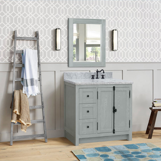 37" Single vanity in Gray Ash finish with White Carrara top and oval sink Right doors/Right sink