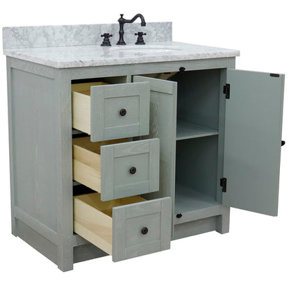 37" Single vanity in Gray Ash finish with White Carrara top and oval sink Right doors/Right sink