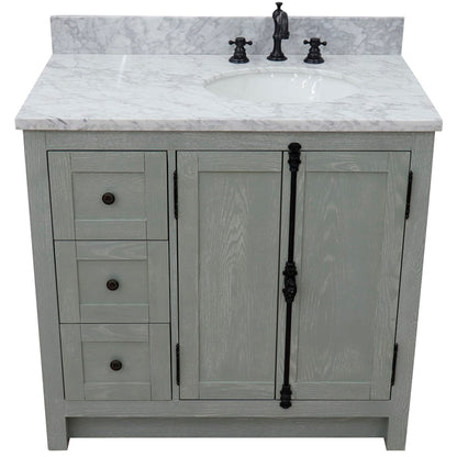 37" Single vanity in Gray Ash finish with White Carrara top and oval sink Right doors/Right sink